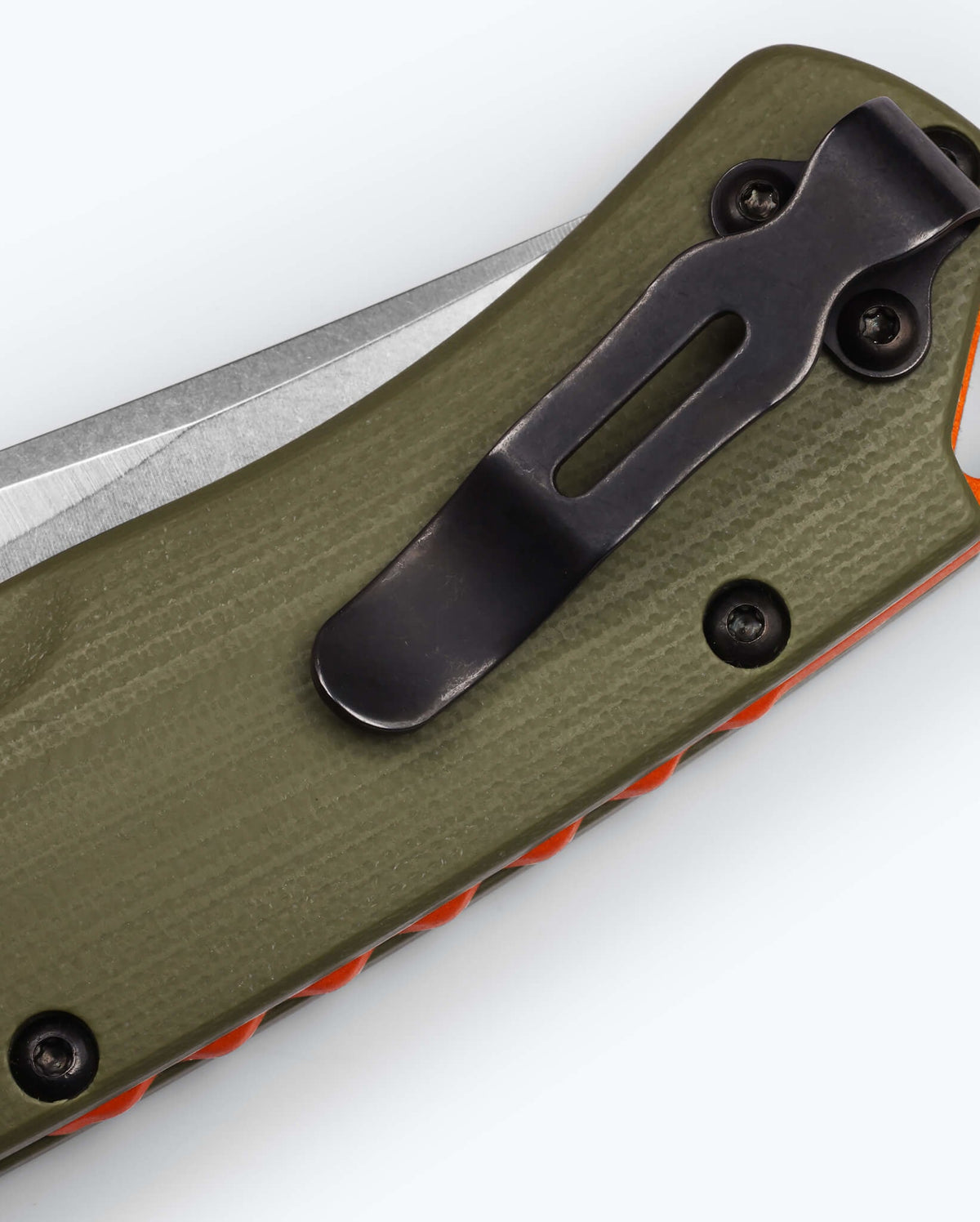 Benchmade Taggedout Pocket Clip Detail - OD Green G10 Handle Close Up | Benchmade Knife Co.