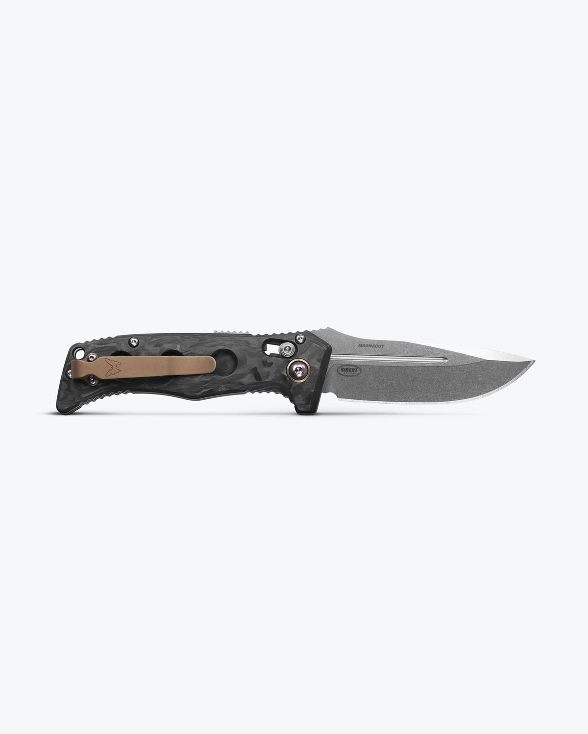 Mini Auto Adamas® Marbled Carbon Fiber Drop-point - Bronze Pocket Clip Back View | Benchmade Knife Co.