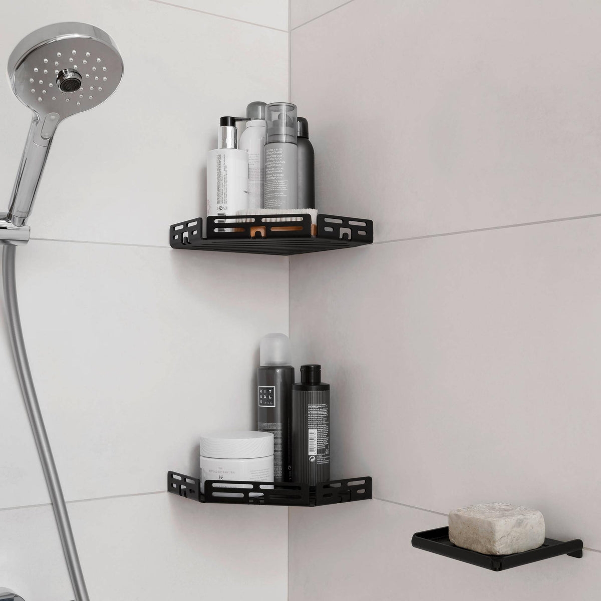Tablette d'angle DURAL avec tringle TI-SHELF PENTA Acier inoxydable (V2A/304) noir structuré 32mm