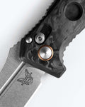 Mini Auto Adamas® Marbled Carbon Fiber Drop-point - AXIS Lock Mechanism Close-up | Benchmade Knife Co.